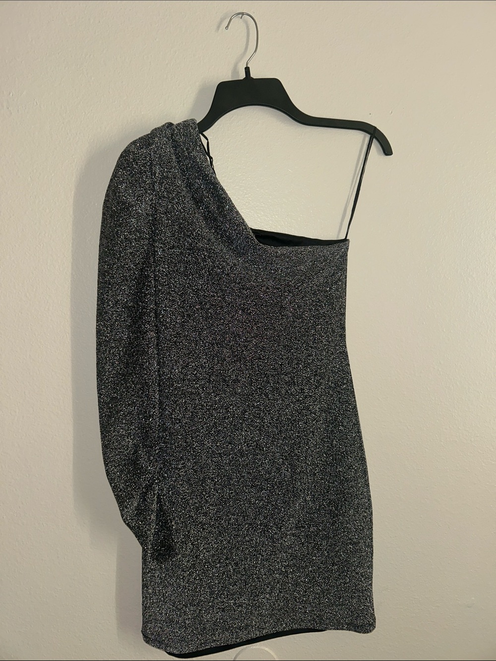 Steve Madden One-Shoulder Sparkle Dress in Metallic Black